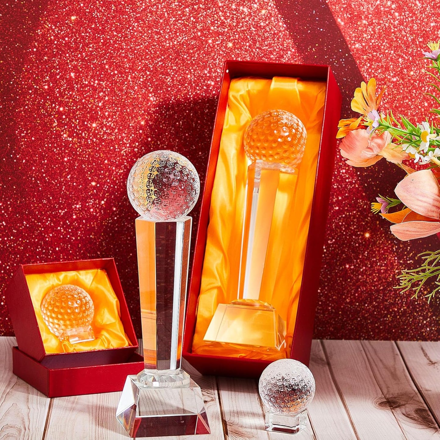 Libima 4 Pcs Golf Trophy 2 x 2.6 Inch Crystal Glass Trophy Award with Display Stand Base and Elegant Gift Box 9.1 x 2.8 Inch Golf Tournament Prizes Golf Ball Statue for Adults Sports Table Decor