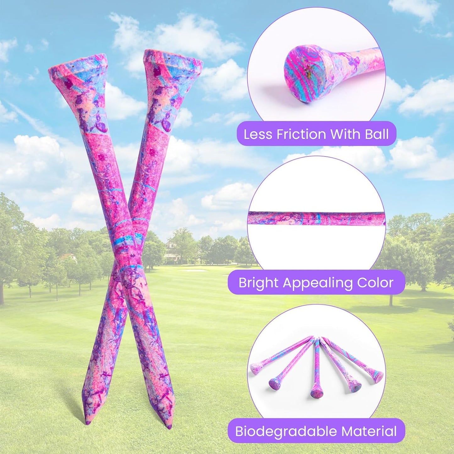 Amy Sport Golf Tees Styllish Bamboo Wooden Coloured Painted Bulk 200 Pack 1 1/2 3 1/4 2 3/4 Inch Tee, Enhanced Visibility Color Purple Pink Green Blue, Practice for Men Women