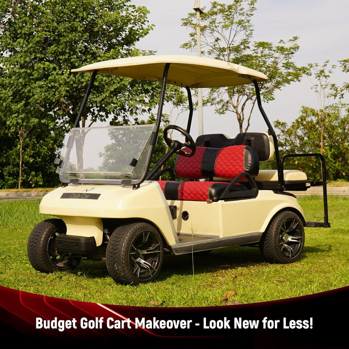 Golf Cart Seat Covers for Club Car DS 2000.5+ Front OEM Universal Seat Cushion, Marine Grade Vinyl Leather Club Car DS Seat Covers/Easy to Install-Deep Red (2PCS)