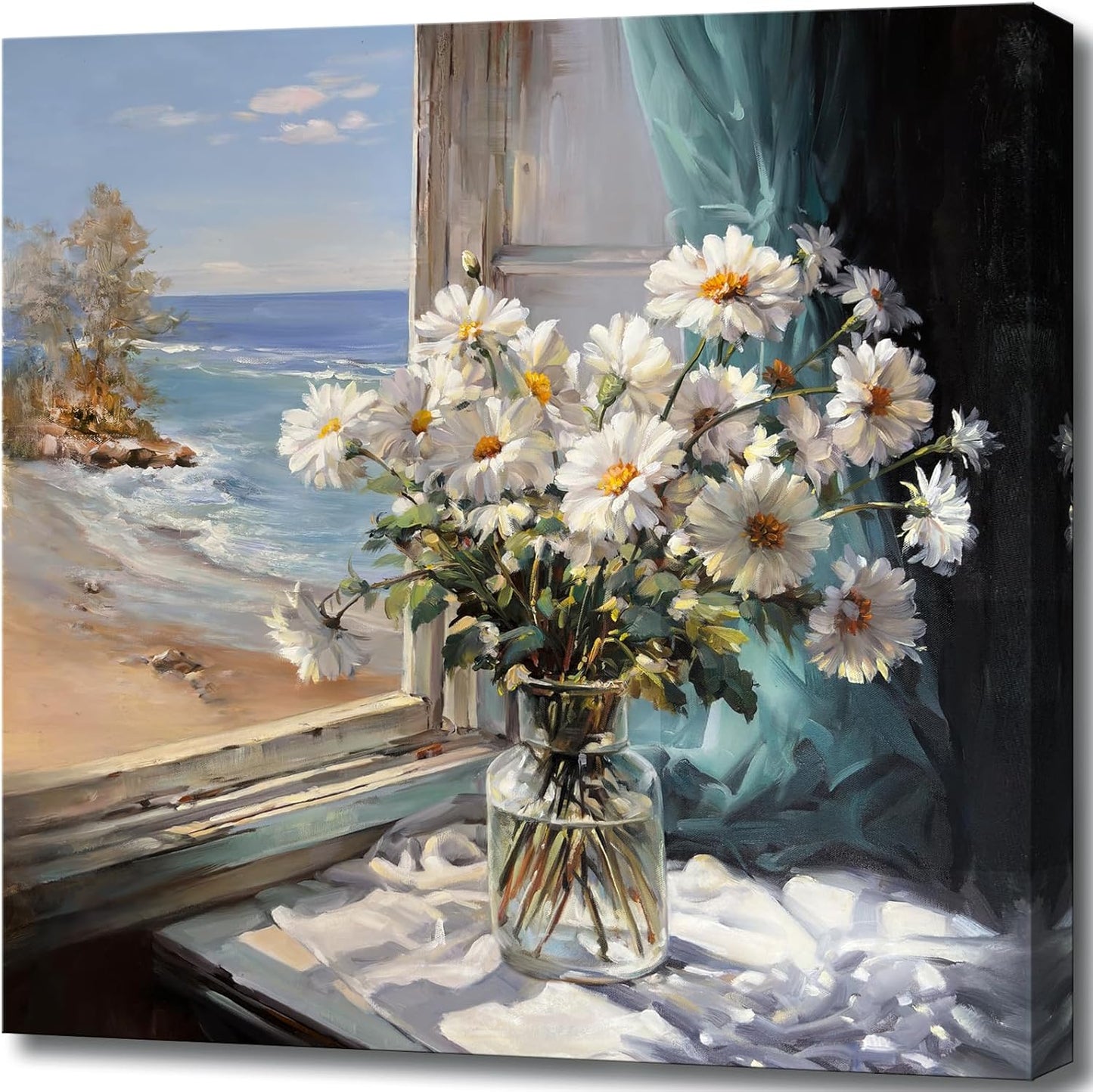 Bathroom Wall Decor White Flowers Canvas Wall Art Print Blue Beach Picture Ocean Modern Poster Coastal Seascape Painting Floral Daisy Artwork for Office Bedroom 14"x14"
