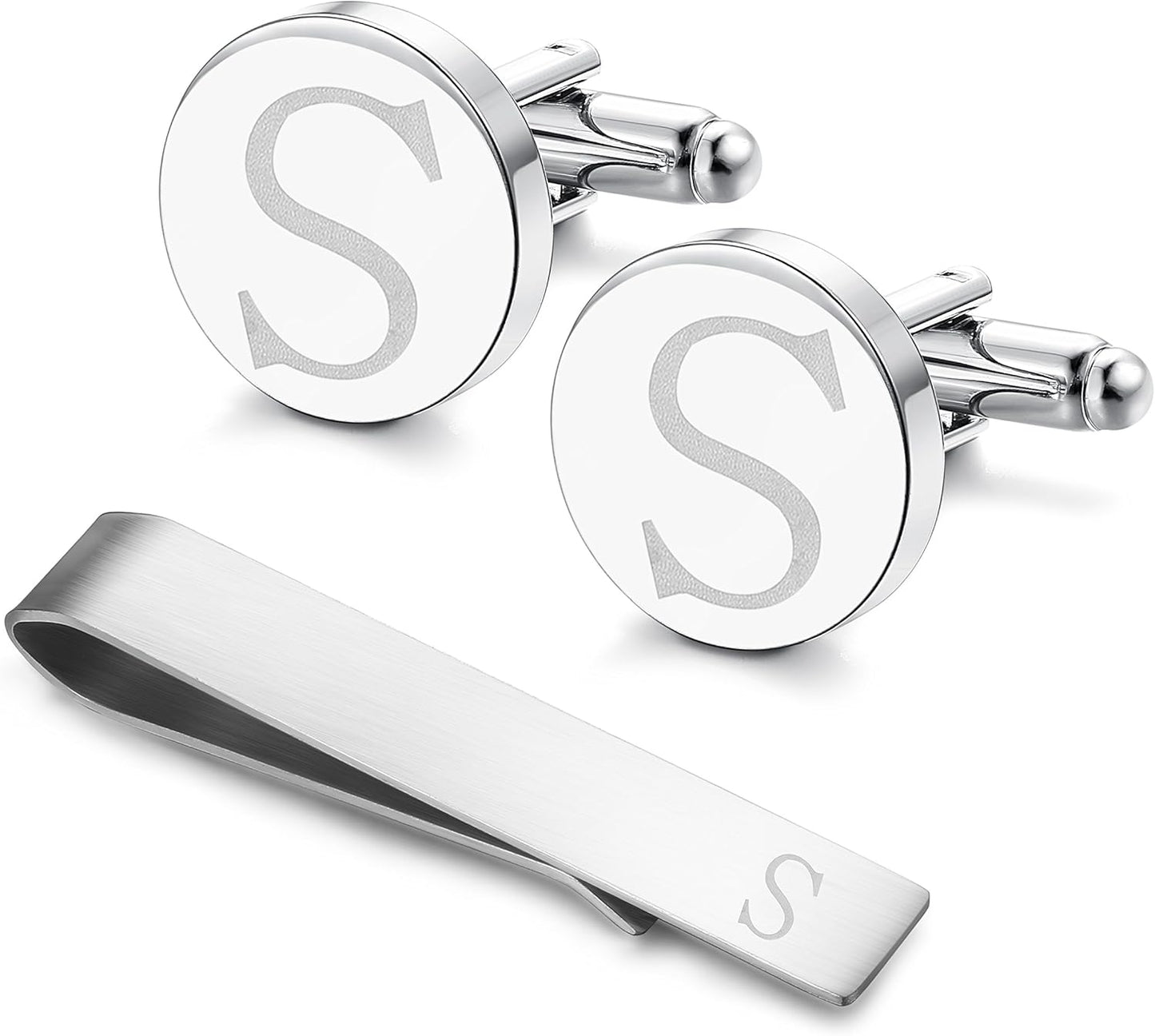 LOYALLOOK Stainless Steel Engraved Initial Cufflinks and Tie Clip Bar Set Alphabet Letter With Gift Box A-Z