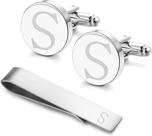 LOYALLOOK Stainless Steel Engraved Initial Cufflinks and Tie Clip Bar Set Alphabet Letter With Gift Box A-Z