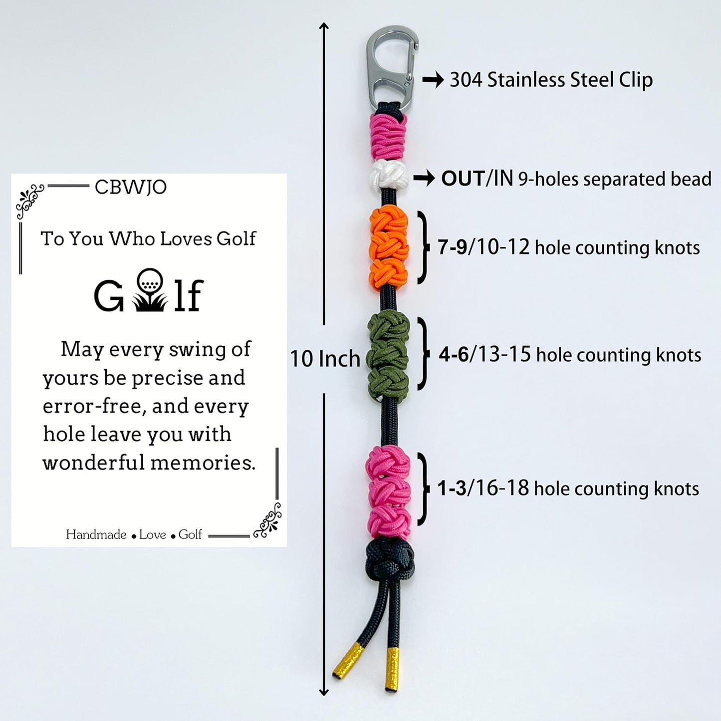 Golf Stroke Counter Keychain| 10 Handwoven Pineapple Knot Beads| 550 lbs Durable Military Paracord| 304 Stainless Steel Hook for Golf Bag/ Belt Accessories| Ideal Holiday Golf Gift for Men and Women