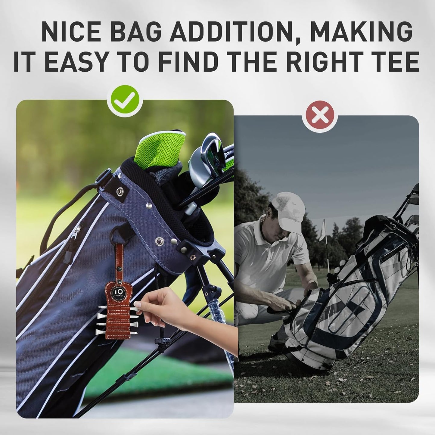 FINGER TEN Golf Tee Holder with Ball Marker and 4 Pcs Wood Tees Value 1/2 Pack, Luxury Leather Gift Hook to Golf Bag Belt Clip