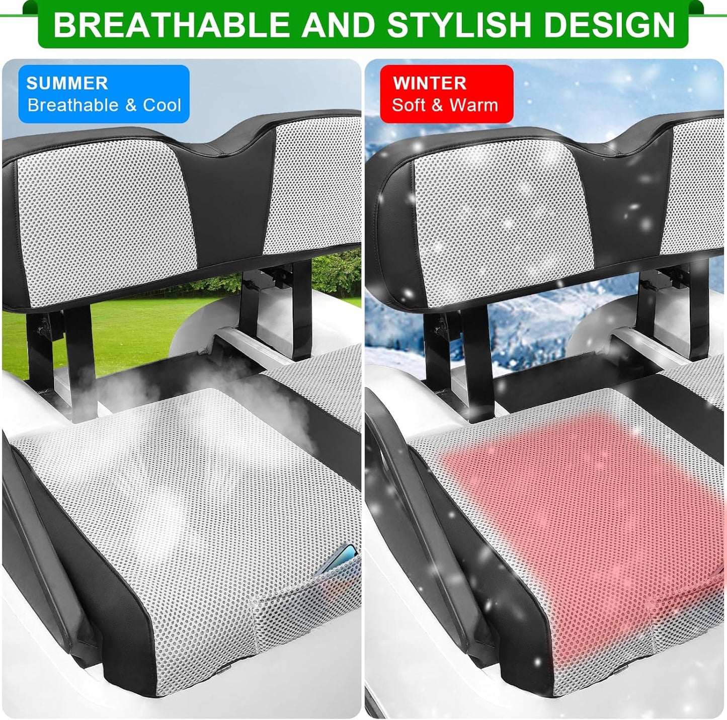 iLSKW Golf Cart Seat Covers for EZGO TXT Seat Cover OEM Front,Breathable Fabric and Leather Front Seat Cover Like Gloves,Full Wrap-Around Design of EZGO TXT (1994-2013) Golf Cart Front Seat Cover