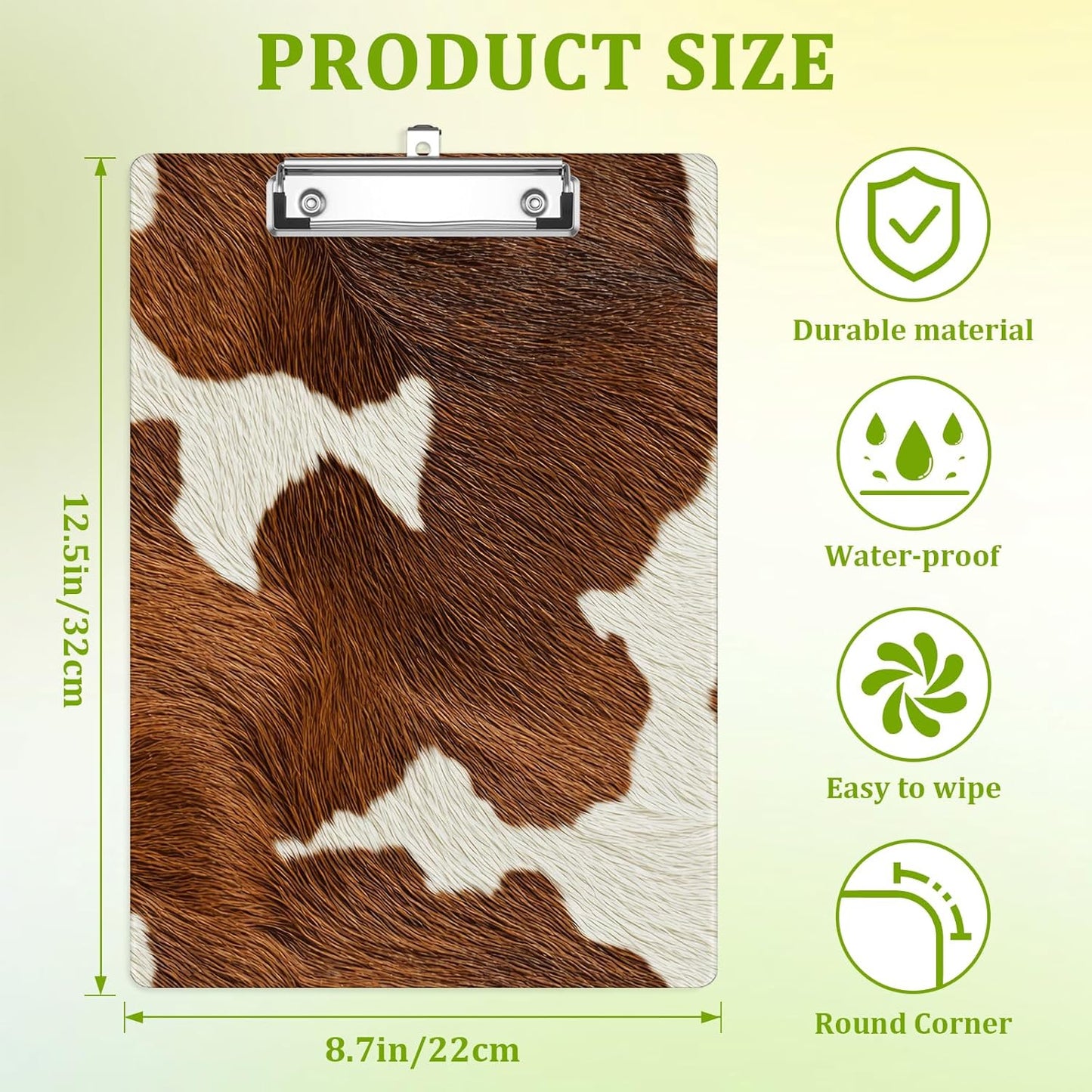 Cowhide Clipboard,Decorative Acrylic Clipboard with Low Profile Metal Clip for Office,School,Teachers,Students Standard Letter Size 9x12.5