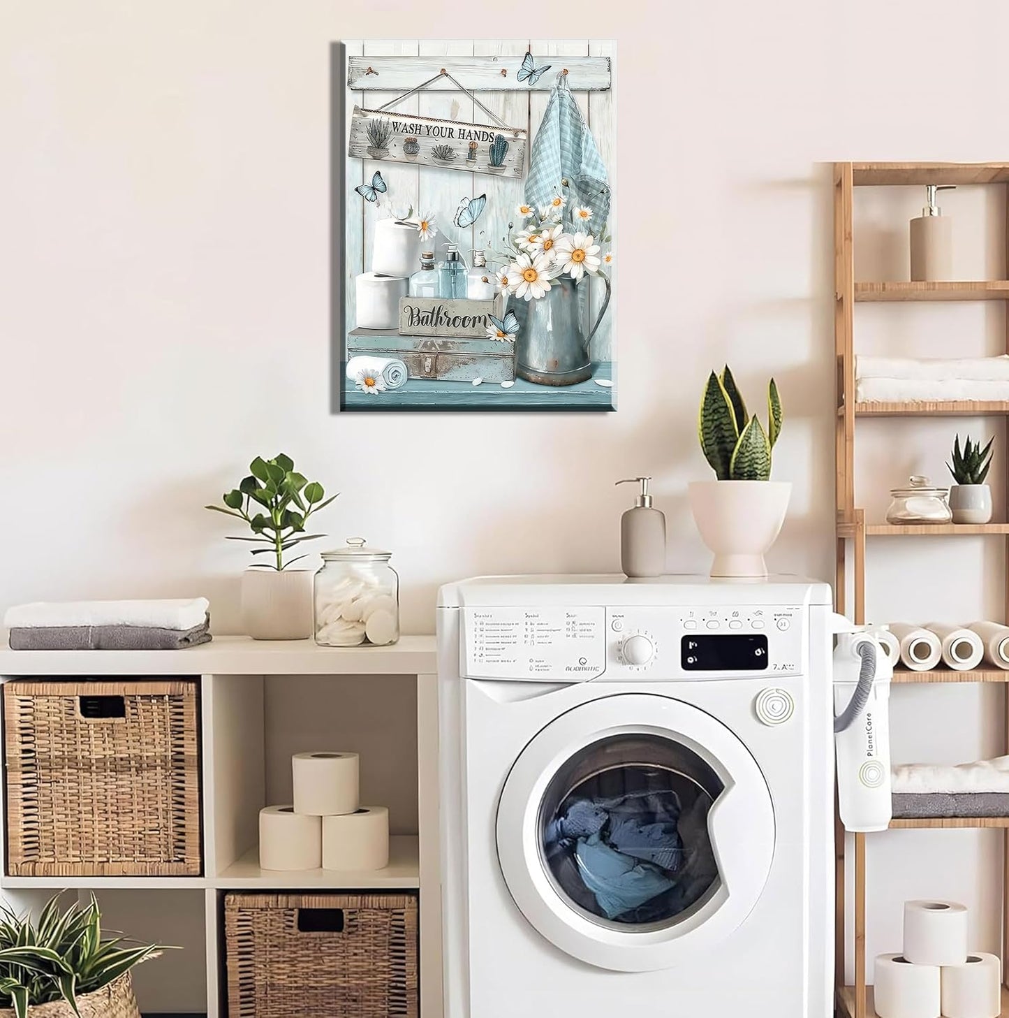 Framed Farmhouse Bathroom Canvas Wall Art Country Butterfly Daisy Wall Decor Pictures Teal Bathroom Painting Wash Your Hands Sign Poster Prints for Toilet Bathroom Home Decoration