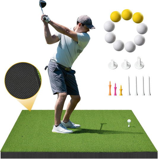5x4ft Golf Hitting Mat, Thickened 21mm/31mm/36mm Artificial Turf Golf Practice Mats for Indoor Outdoor Backyard Driving Swing Training with 9 PU Balls, 3 Rubber Tees, 7 Tees