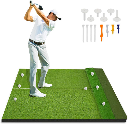 3-in-1 Golf Hitting Mat 5x4ft, Thick Golf Practice Mat with Alignment Line, Fairway/Rough/T-Turf Golf Training Mat, 14 Tees, Golf Mats Practice Indoor Outdoor for Hitting Driving Swing Chipping