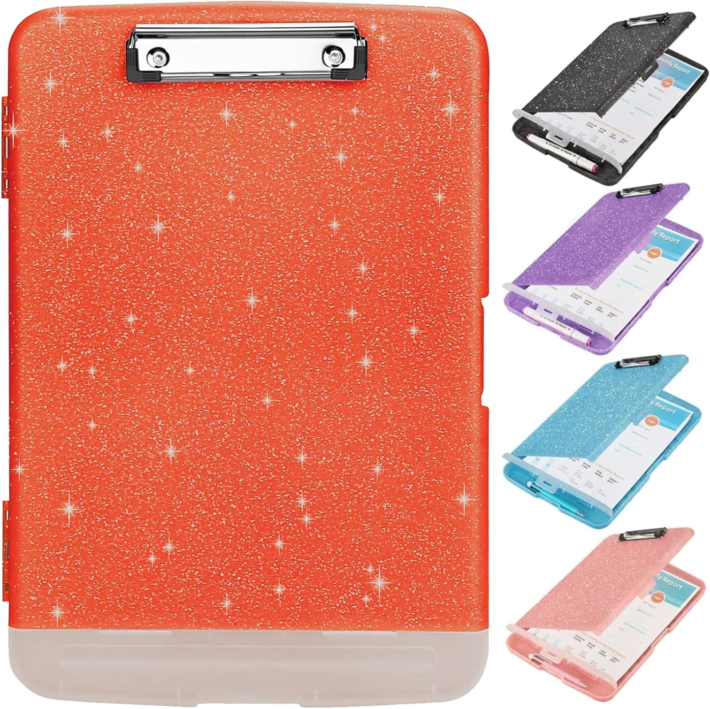 Glitter Clipboard with Storage,Storage Clipboard with Pen Holder,A4 Binder Clip Boards 8.5x11 with Low Profile Clip,Side Opening Sparkle Clipboards, Clipboards Folder for Office Supplies-Orange