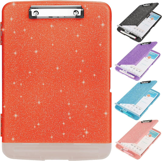 Glitter Clipboard with Storage,Storage Clipboard with Pen Holder,A4 Binder Clip Boards 8.5x11 with Low Profile Clip,Side Opening Sparkle Clipboards, Clipboards Folder for Office Supplies-Orange