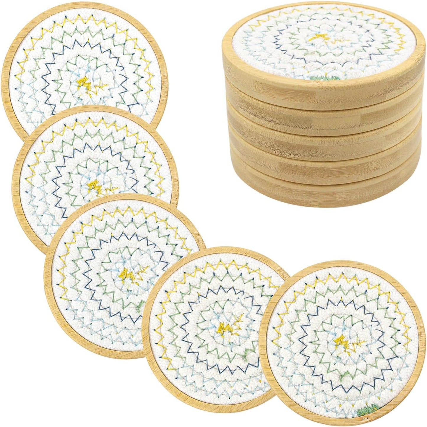 5 Pack Bamboo Wood Drink Coasters, Absorbent, 4.3 Inch Round Coasters for Coffee Tables, Kitchen, Farmhouse, and Office (White Series)