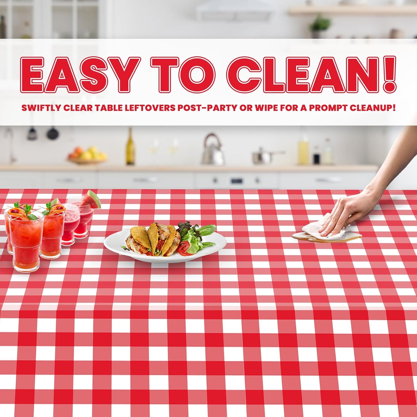 Grandipity 12 Pack Premium Disposable Plastic Picnic Tablecloth 54 Inch. x 108 Inch. Decorative Rectangle Table Cover - Red Checkered Gingham