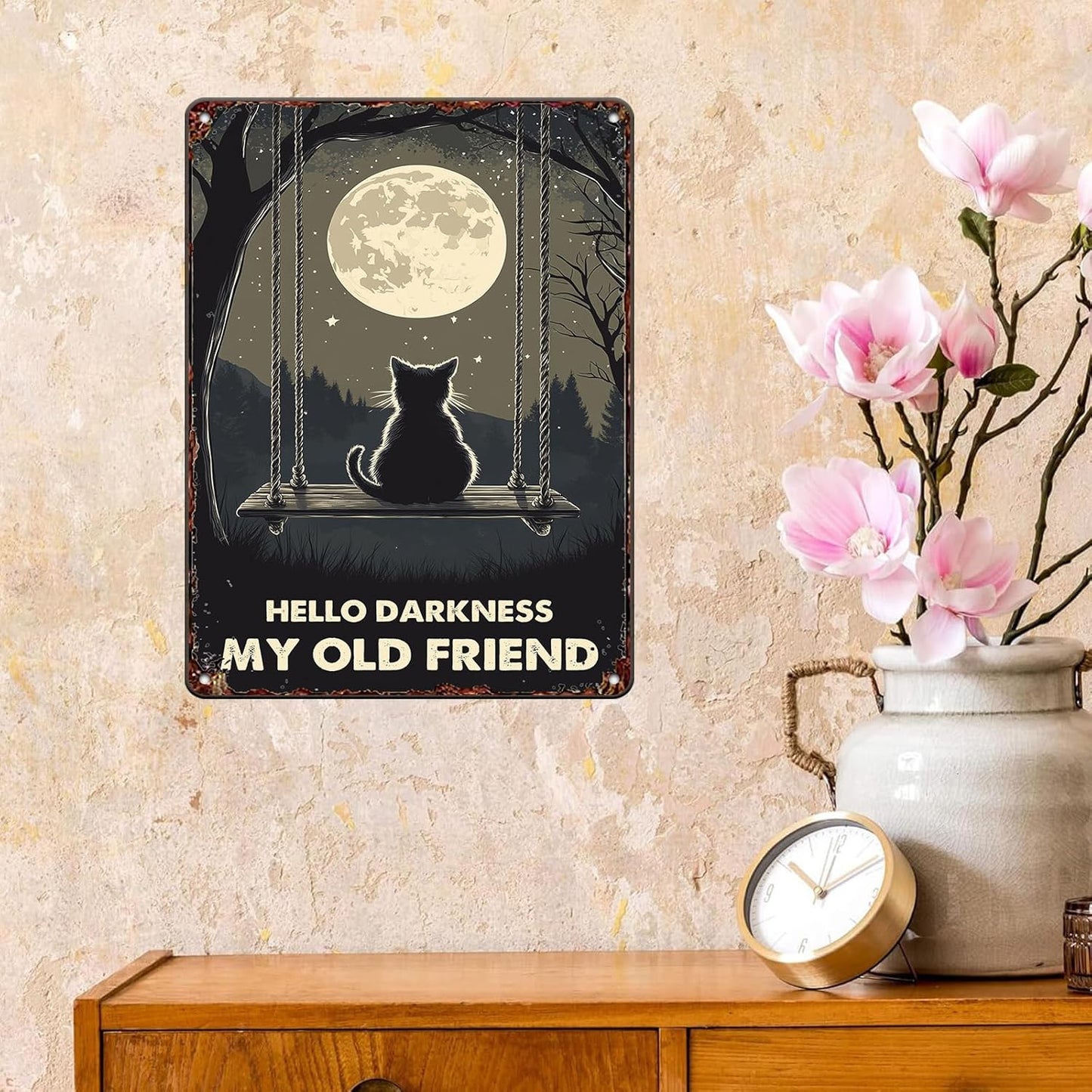 Vintage Wall Decor Metal Poster Plaque Black Cat Hello Darkness My Old Friend Iron Painting Wall Decor Nostalgic Tin Sign For Home Cofe Kitchen Pub Bar 12x16 Inch