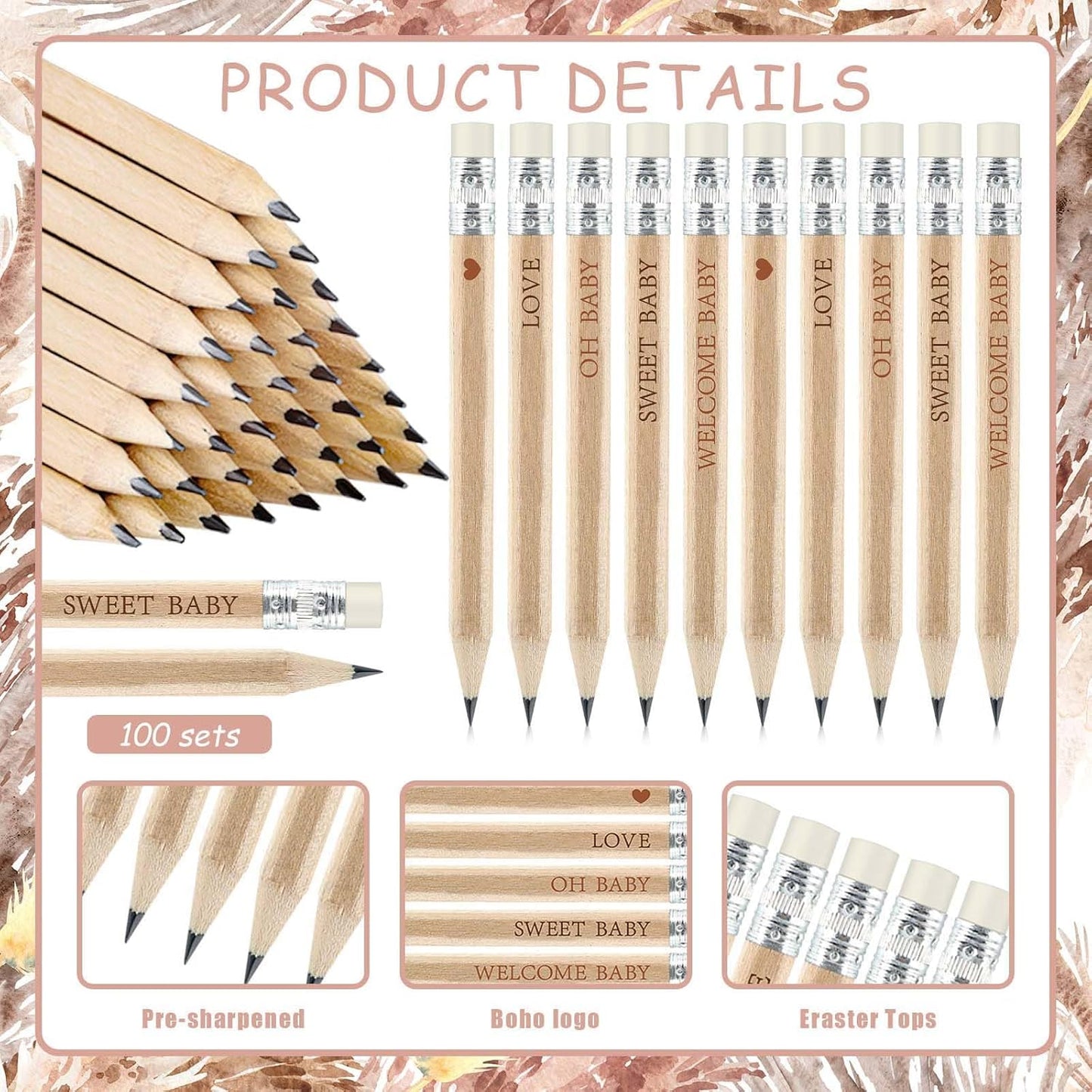 100 Sets Boho Baby Shower Pencils Gifts Bulk for Guest Golf Half Pencil Baby Shower Game Sharpened Mini Pencils with Eraser Bohemian Pampas Grass Girl Boy Neutral Gender Reveal Party Favors