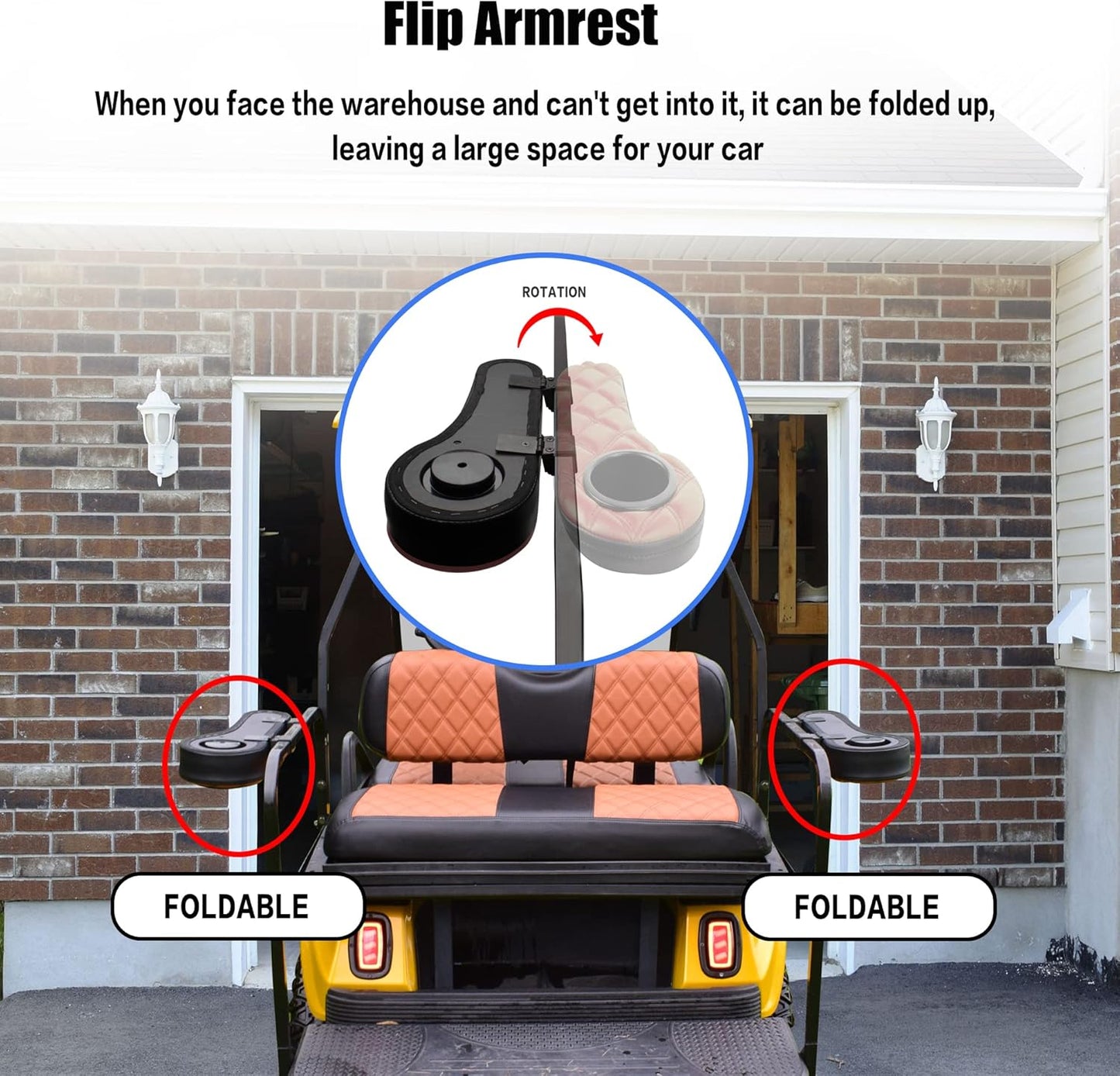 NOKINS Golf Cart Diamond Flip Armrest with Cup Holder, No Drilling Required, Golf Cart Folding Hinged Armrest, Inward Mount, for Club Car EzGo Yamaha Back Seat Kit