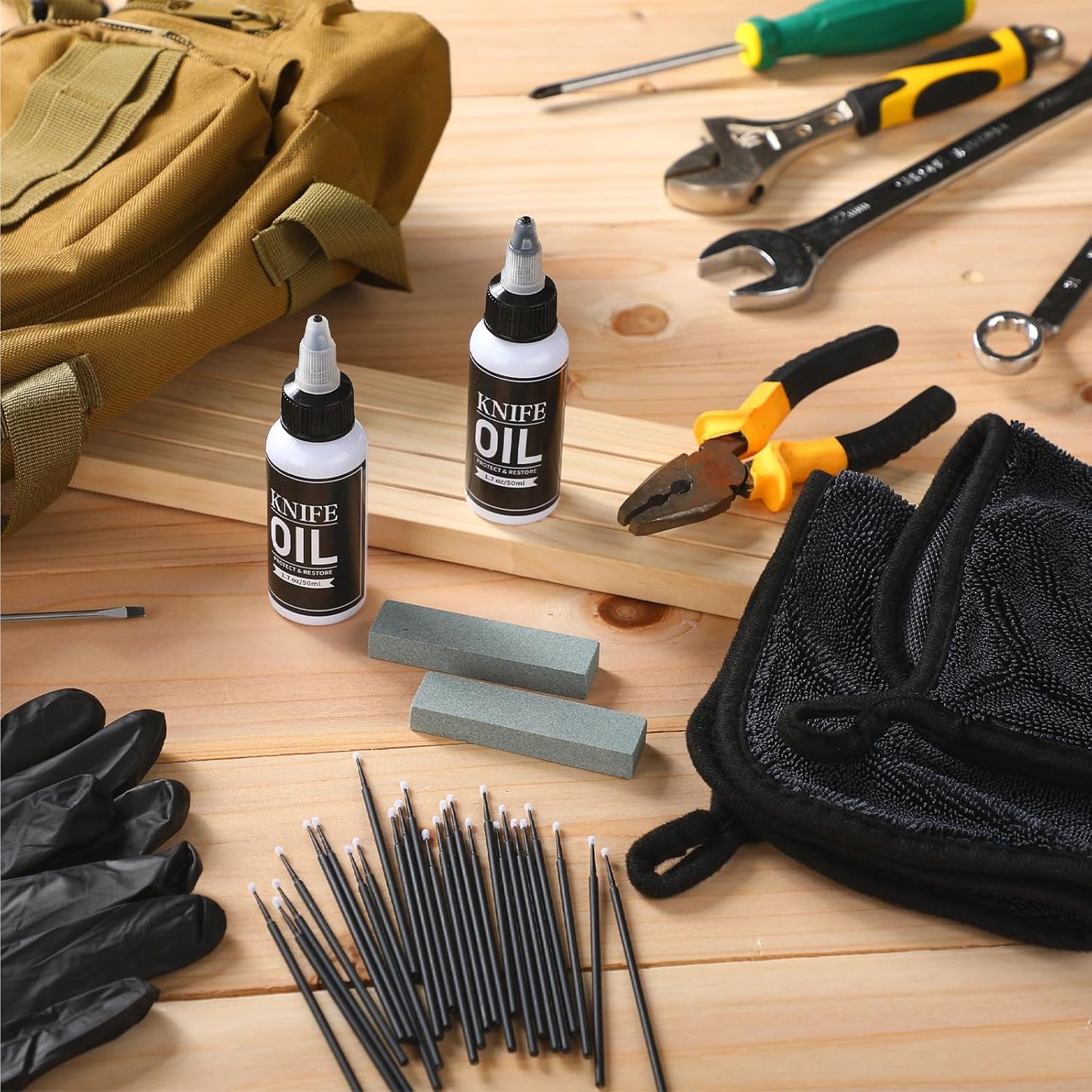 LemonRoad 108 Pcs Knife Oil Rust Eraser Kit Includes Rust Remover Sword Maintenance Oil Microfiber Cloth Black Gloves Cotton Swabs for Carbon Steel Blade, Cleaning, Protection and Lubricant Care Set