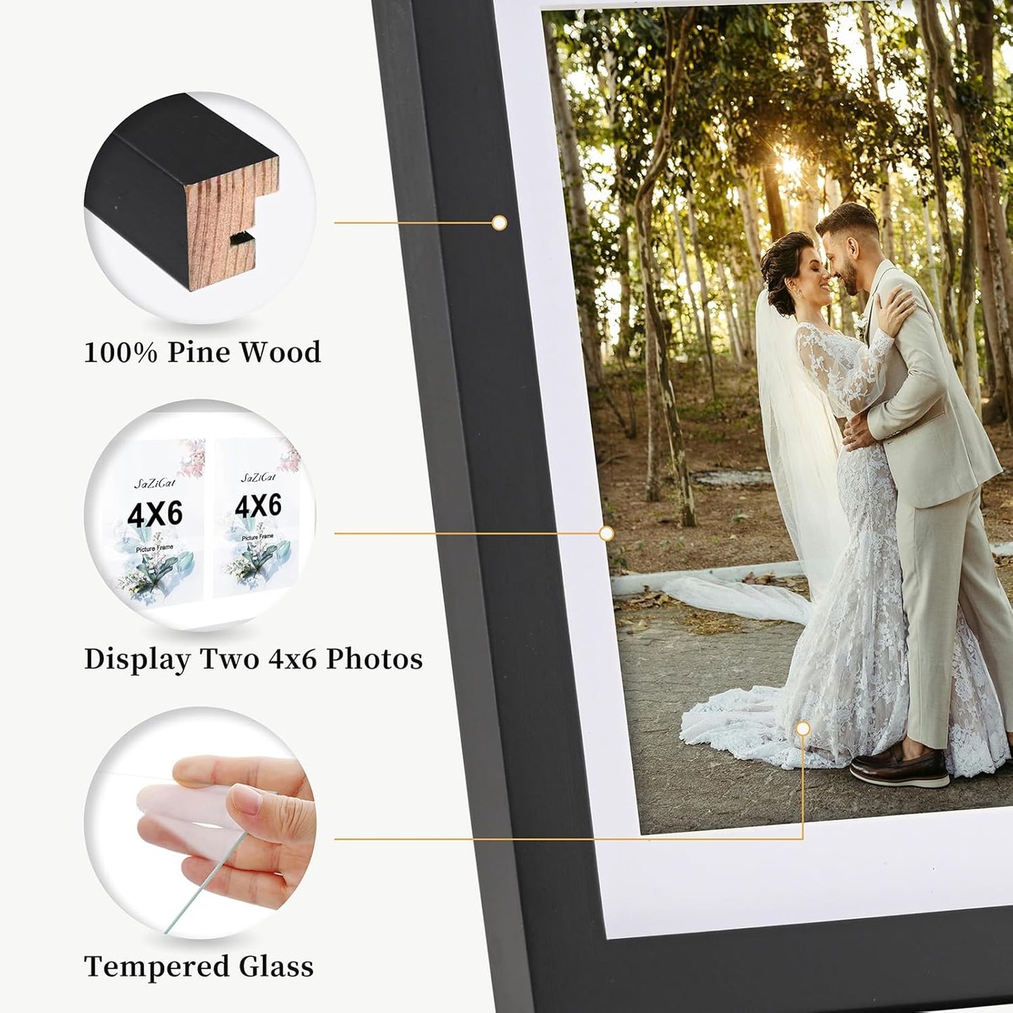 8x10 Pine Wood Collage Picture Frame Double 4x6 Picture Frame with Tempered Glass Fits 1Pc 8x10 Picture or 2Pcs 4x6 Photos With Mat For Tabletop or Gallery Wall Mounted-Classic Black