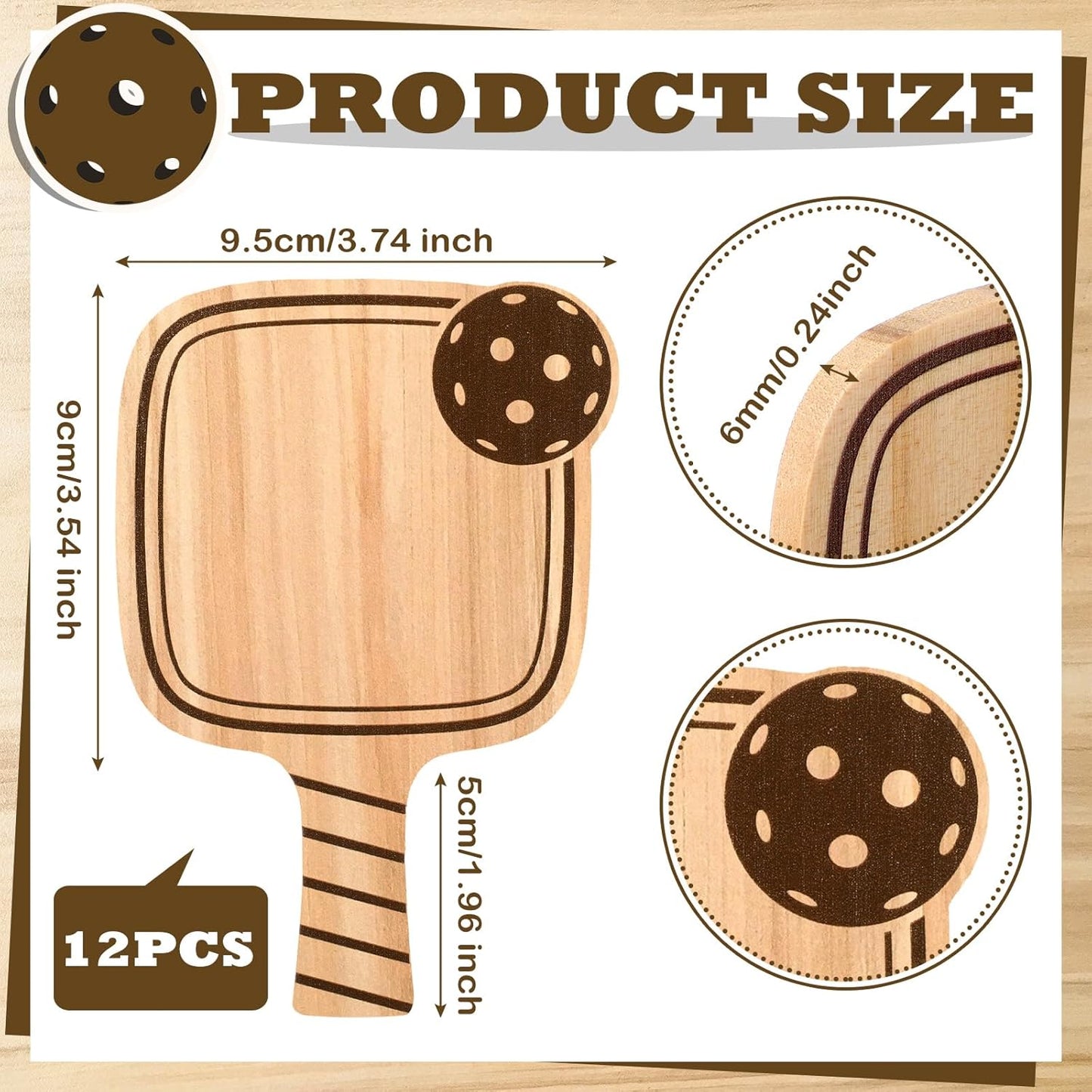 Hushee 12 Pcs Dinkball Drink Coasters Wood Coasters Set Paddle Shape with Handle Funny Gift for Women Men Sports Lovers Fans Party Favors Decorations (Wood)