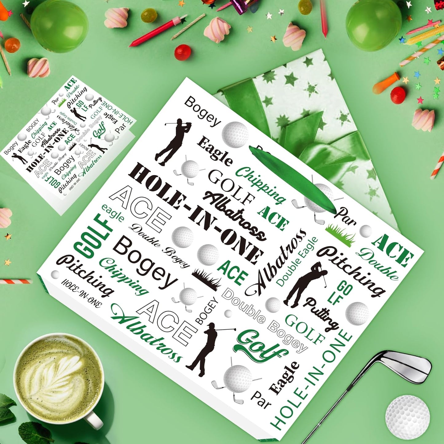 EoBeCy Golf Gift Bag with Handles, Tissue Paper and Greeting Card, Green Golf Wrapping Paper for Men Boys Kids Sports Themed Birthday Party Favors Supplies Decorations