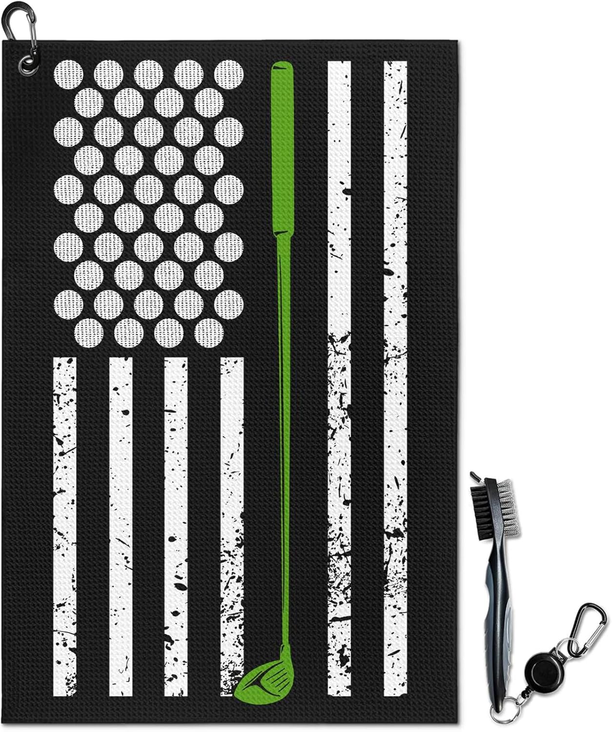 American Flag Golf Towel and Brush Set, Microfiber Waffle Golf Bag Towel with Clip, Golf Cleaning Kit Gifts for Men and Women, Funny Golf Accessories for Golf Fan, Golfers Golf Lovers Retirement Gift