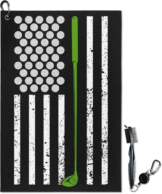 American Flag Golf Towel and Brush Set, Microfiber Waffle Golf Bag Towel with Clip, Golf Cleaning Kit Gifts for Men and Women, Funny Golf Accessories for Golf Fan, Golfers Golf Lovers Retirement Gift