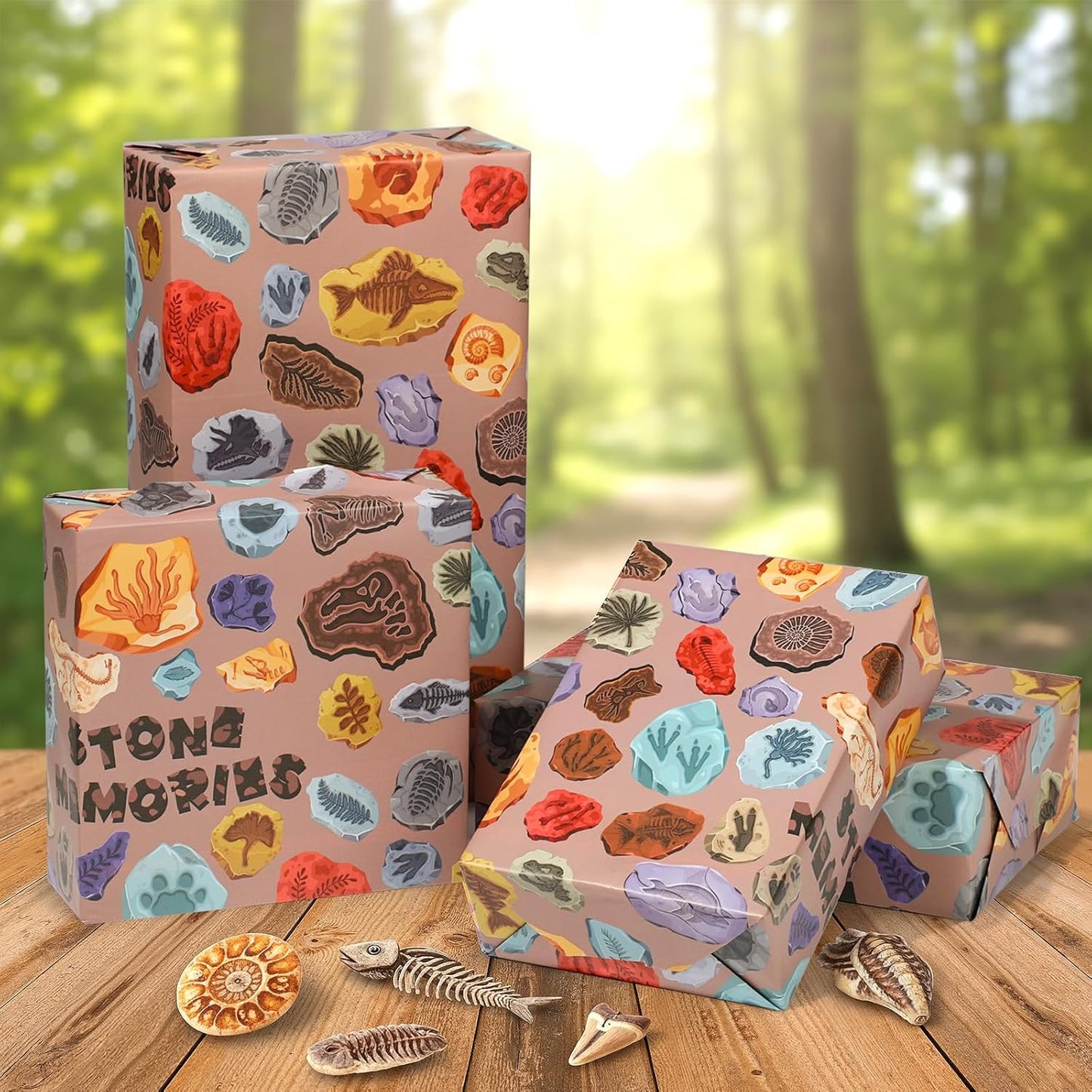 Pineraap Fossil Wrapping Paper Roll - 17Inch x16.4Feet - Dinosaur Animal Skeletons Paleontology Theme Gift Wrap for Science Parties,Birthdays,Educational Events