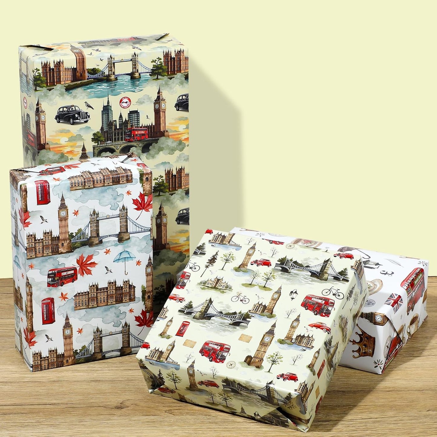 Pineraap London Wrapping Paper 12 Sheets – Big Ben,Tower Bridge,Umbrella UK Designs – British Gift Wrap for Birthday,Travel Lovers,20"×28"