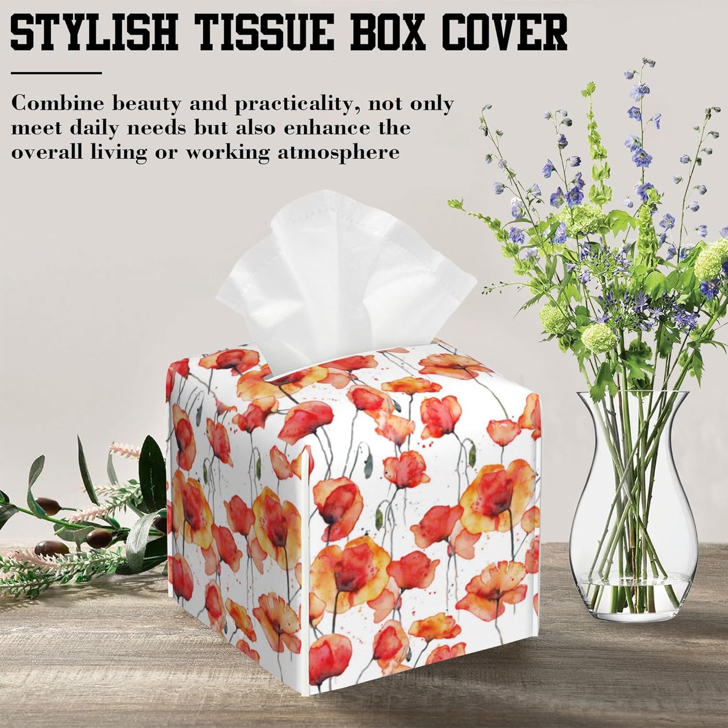 Watercolor Red Flowers Tissue Box Cover Square, Tissue Box Holder Leather Facial Paper Case Decorative Organizer Holder Dispenser Home Office Car Decor