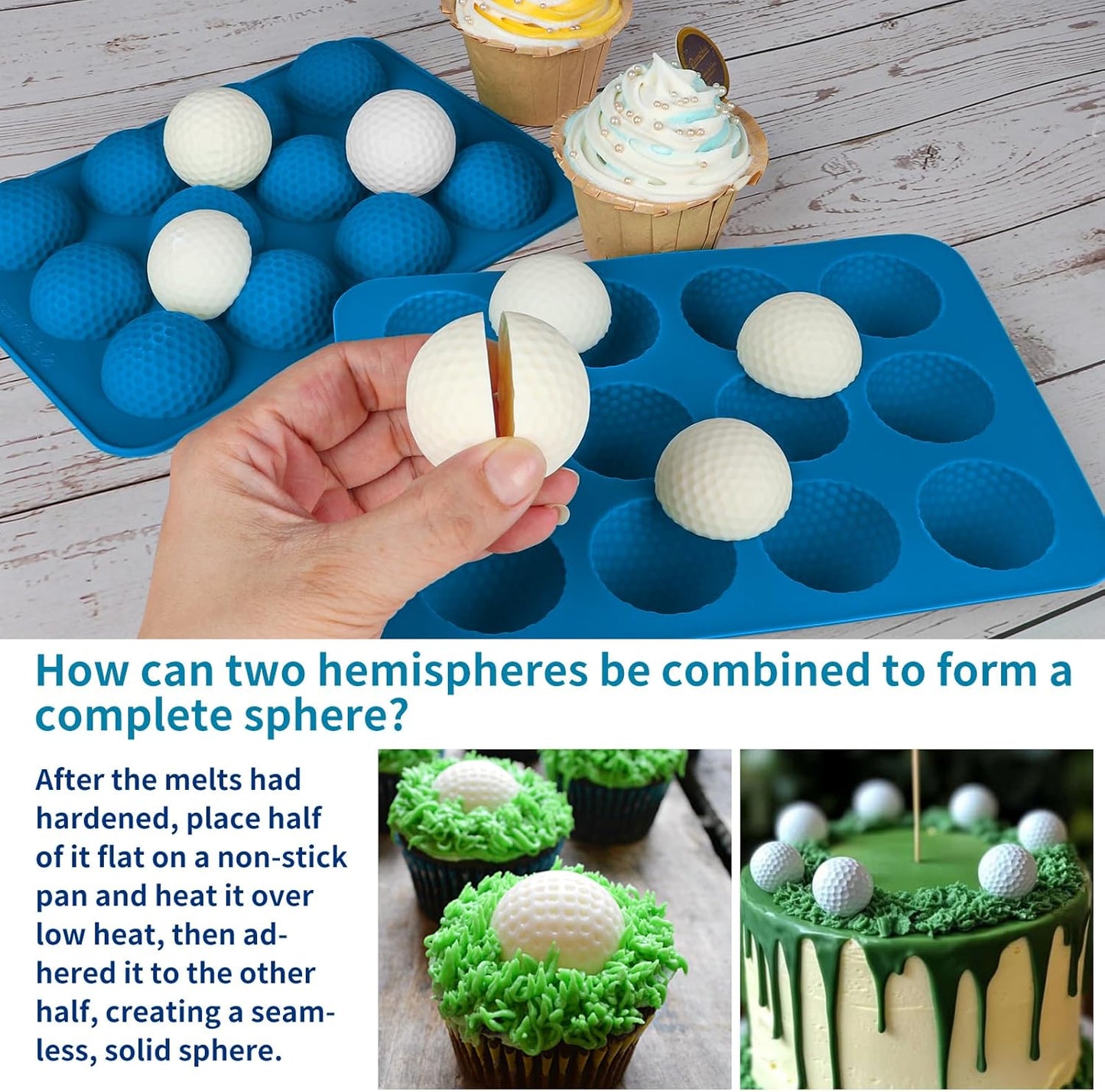 Golf Ball Cake Pop Mold, 2 Pack Golf Ball Chocolate Molds, 12-Cavity 3D Golf Ball Silicone Mold for Cupcake Decorations, Hot Chocolate Bomb, Candy (Blue)