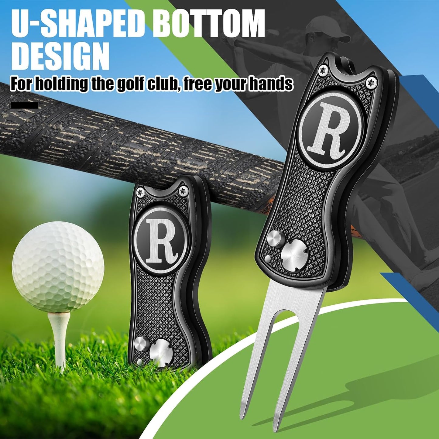 Golf Divot Repair Tool with Letter Custom Monogrammed Initial Ball Marker Divot Tool Foldable Metal with Magnetic Putt Alignment Golf Gifts for Men Father Golfer Christmas