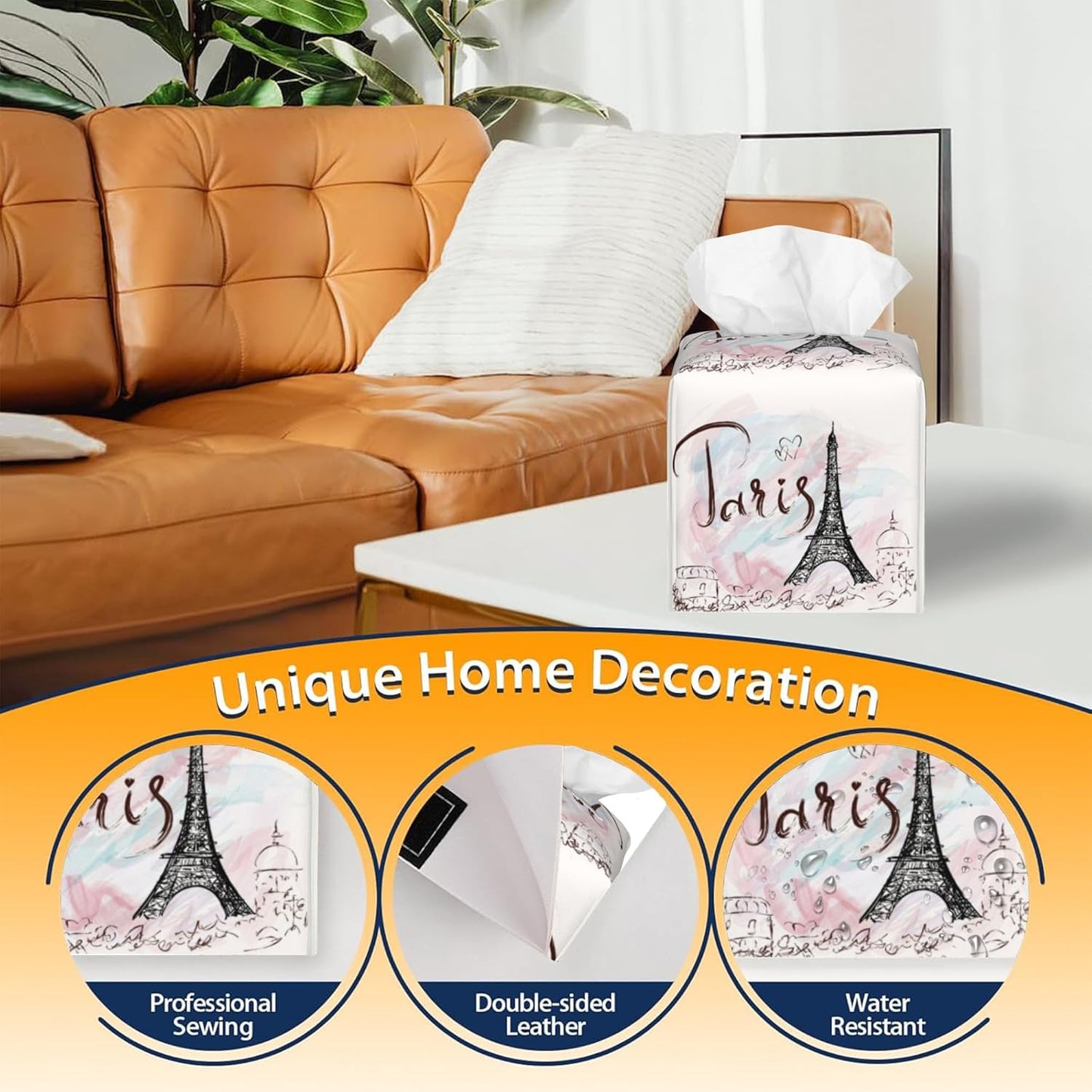 Tissue Box Cover Square,Paris Eiffel Tower Tissue Box Holder Waterproof Leather Facial Paper Case Modern Home Decoration for Bedroom Dresser Night Stand Office Desk