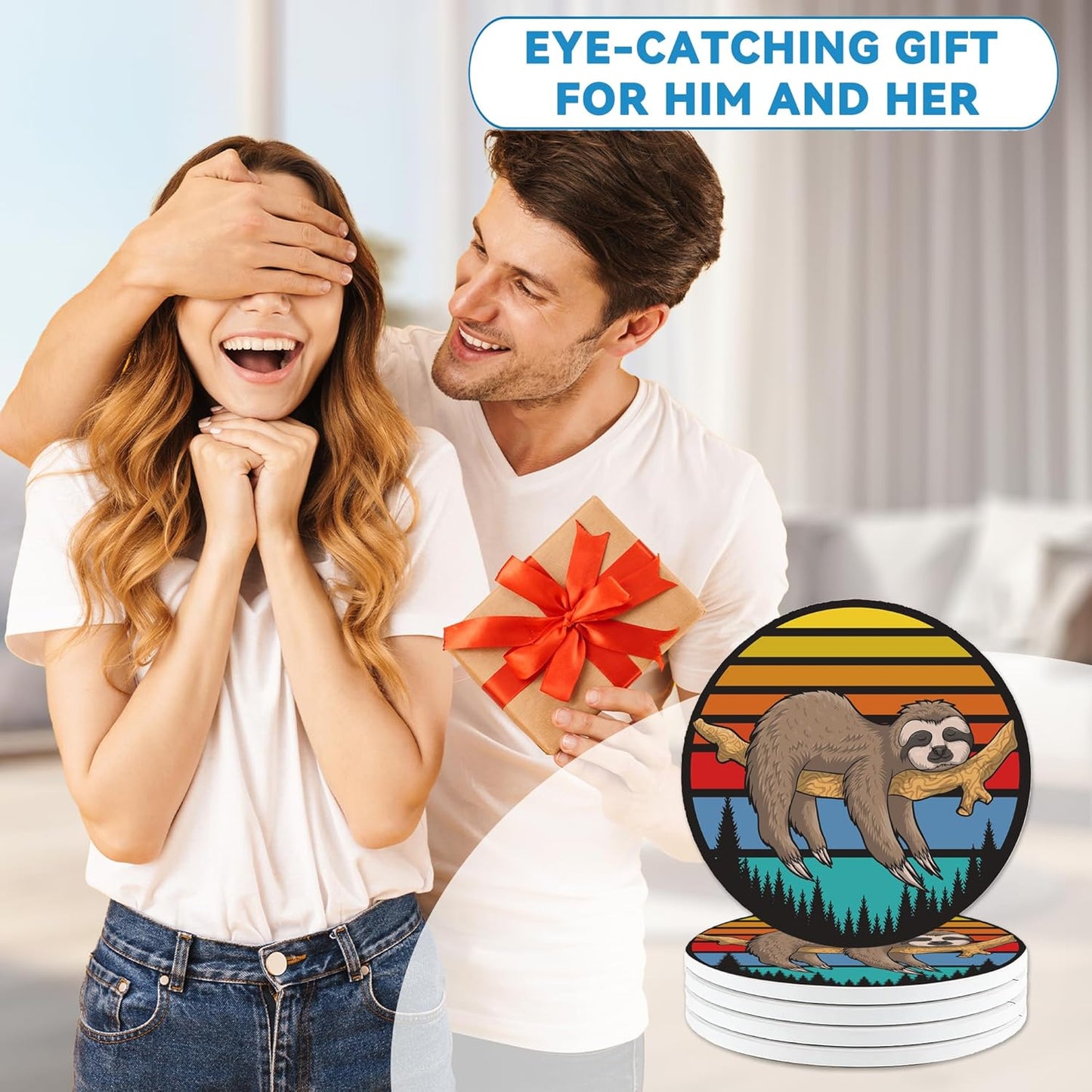 Drinks Coasters Set of 4, Sleeping Sloth Round 4" Cup Coasters, Absorbent Ceramic Stone Coasters with Cork Base, Cute Coasters for Table Home Décor, Ideal Gifts for Women Men