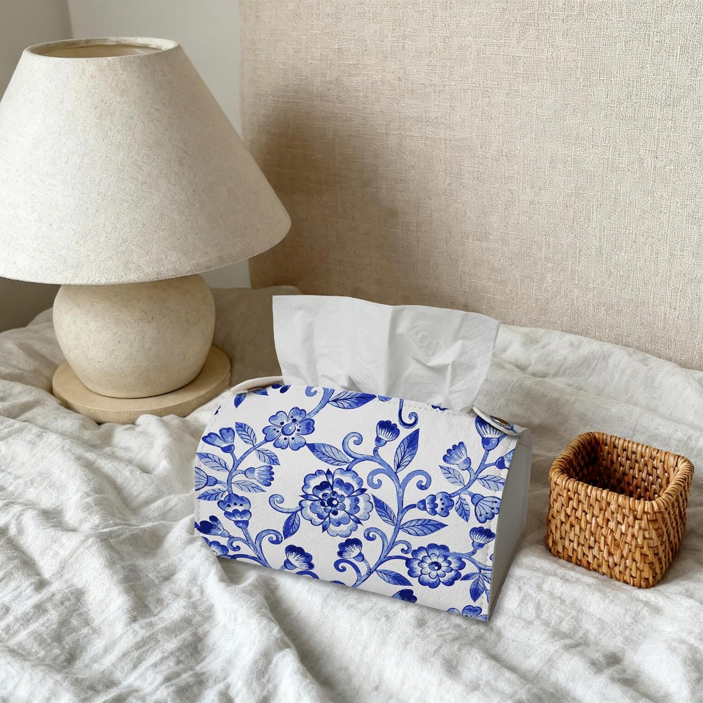 Watercolor Blue Flowers Tissue Box Cover Holder – Rectangular Tissue Organizer, Decorative Napkin Box Case for Home, Office & Car