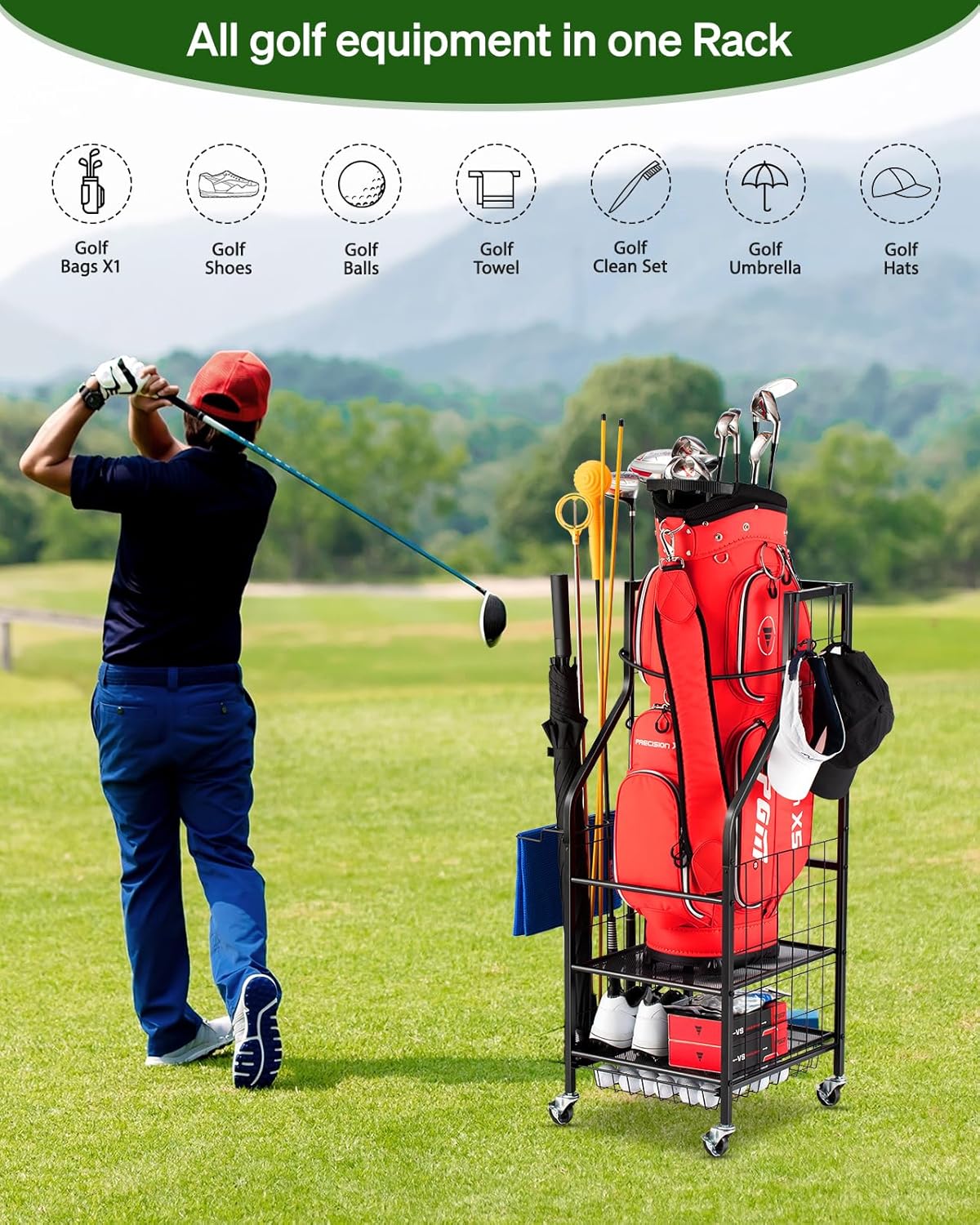 Golf Bags Storage Garage Organizer - Golf Bag Stand Fit Single Golf Bags, Golf Clubs, and Golf Equipment Accessories, Golf Bag Storage Rack with Wheels for Garage, Club, Shed, Basement