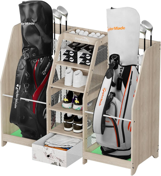 Golf Bag Storage Organizer for Garage, Premium Wooden 2 Golf Bags Rack with Drawer, Easy Assemble Golf Club Stand/Holder Suitable for Garage Home Simulator and Office