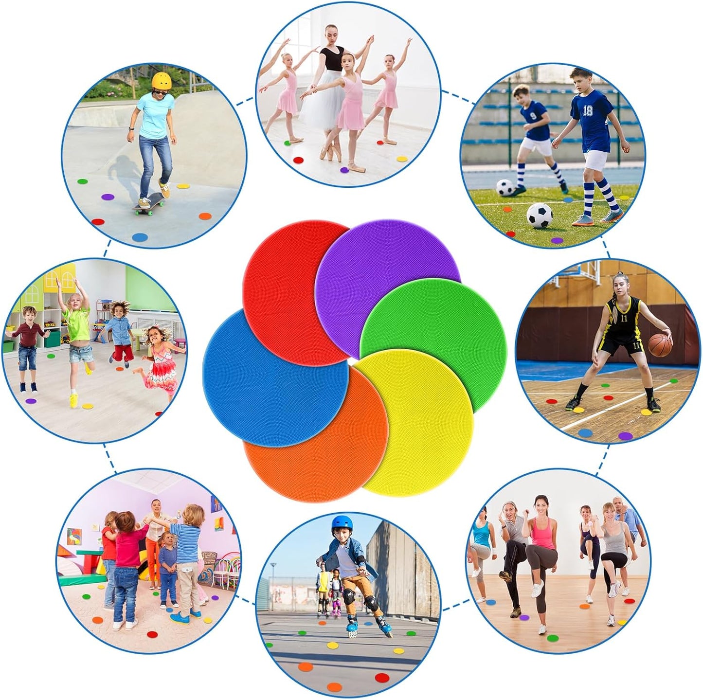 Poly Spots for Gym Floor 4.72inch 6inch 9 inch Poly Spot Markers, 60 Pcs Rubber Floor Dots Non Slip Flat Cones for Sports Soccer PE Training, Dance, Classroom Activities