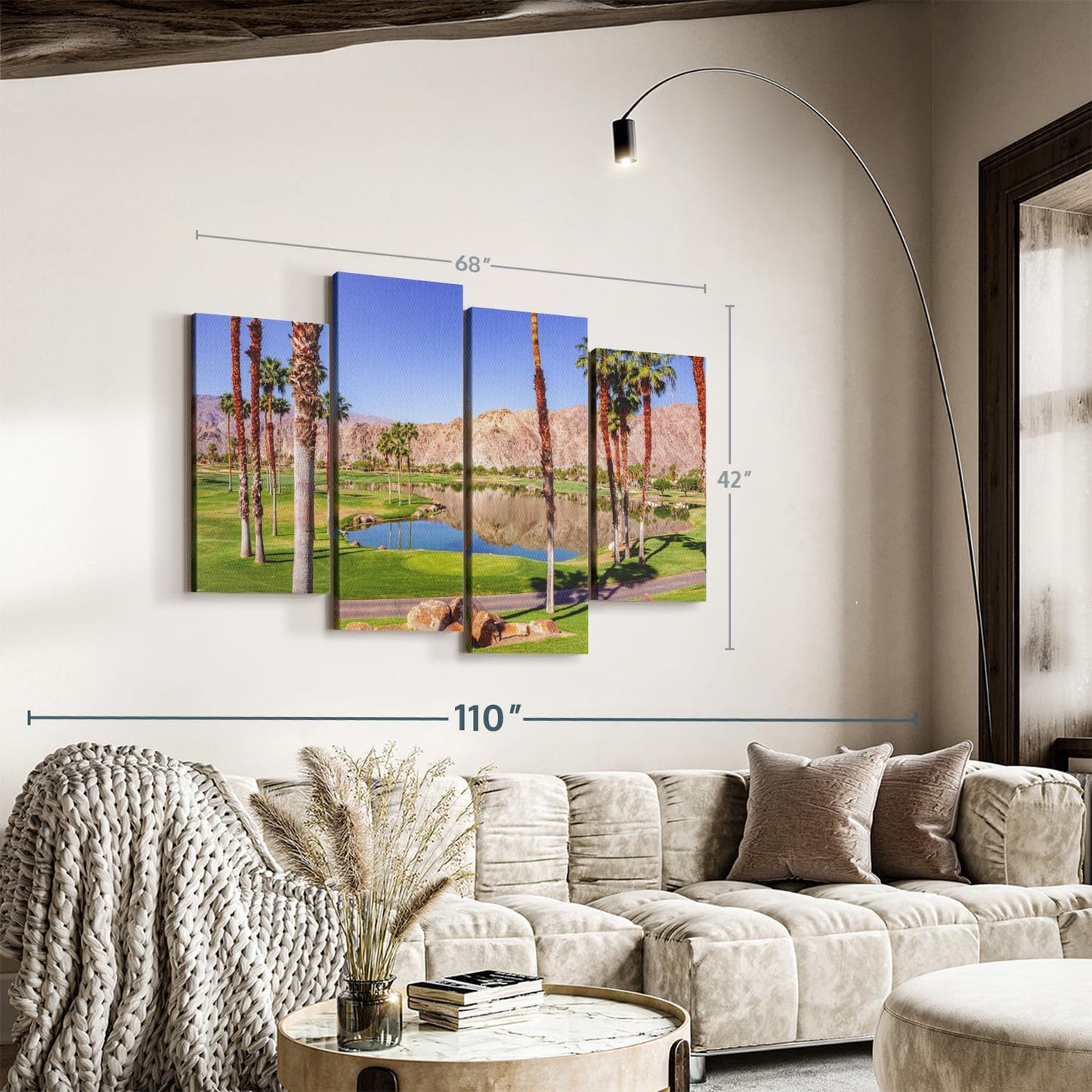 Elephant Stock La Quinta Golf Course Wall Art - Horizontal Canvas - 4-Piece Living Room Wall Decor - Photography Sports Canvas Print - Beige and Brown Decor for Wall - 68" X 42"