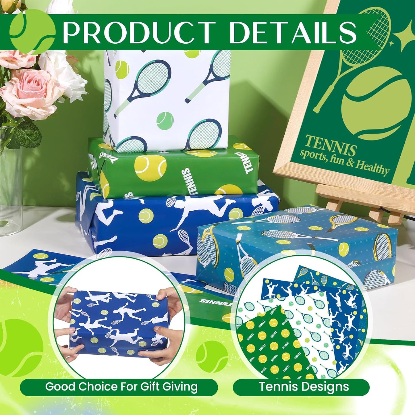 Tennis Wrapping Paper 12 Sheets Sports Tennis Racket Wrapping Paper Tennis Ball Gift Wrap for Birthday,Team Celebration Gifts Packing Paper - 20" x 28"