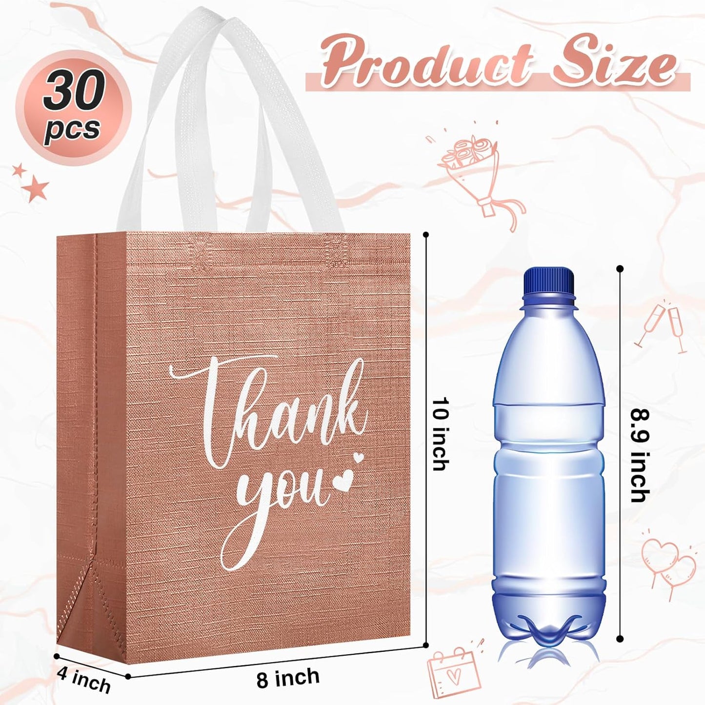Sweetude 30 Pcs Thank You Gift Bags with Handles Bulk Reusable Goodie Bag Non Woven Foldable Handbag for Graduation Wedding Bridesmaid Gifts(10 x 8 x 4 Inch,Rose Gold)