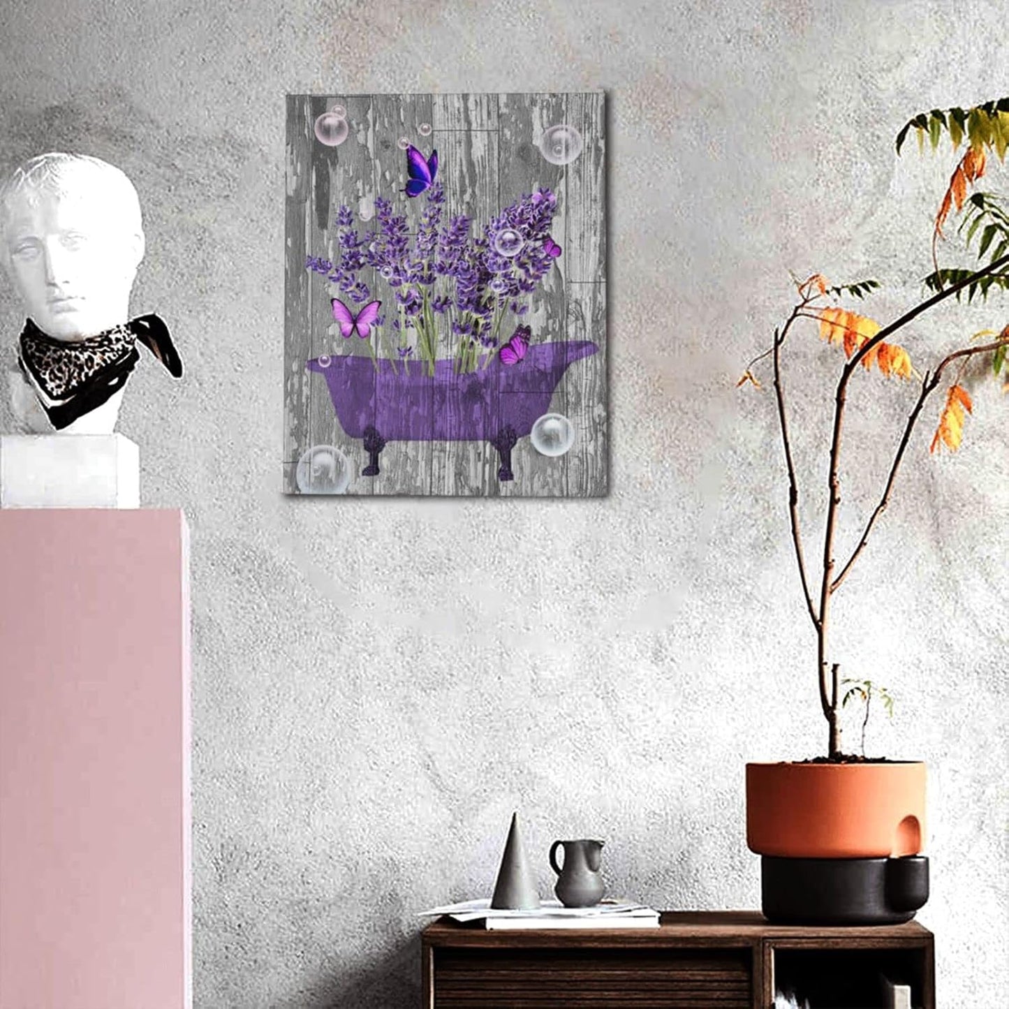 Lavender Bathroom Decor Wall Art Purple Farmhouse Bathroom Pictures for Wall Rustic Butterfly Bathtub Artwork Vintage Country Bathroom Grey White Painting Framed Bath Laundry Decorations 12"x16"