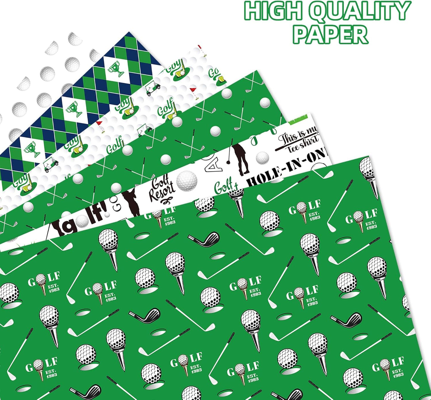Golf Wrapping Paper Set, 12 Sheets Golf Patterns Gift Wrap Paper Golf Clubs, Balls, Carts, and Green Argyle Designs Theme Art Paper for Wedding Bridal Shower Baby Shower 20'' x 27'' , 6 Styles