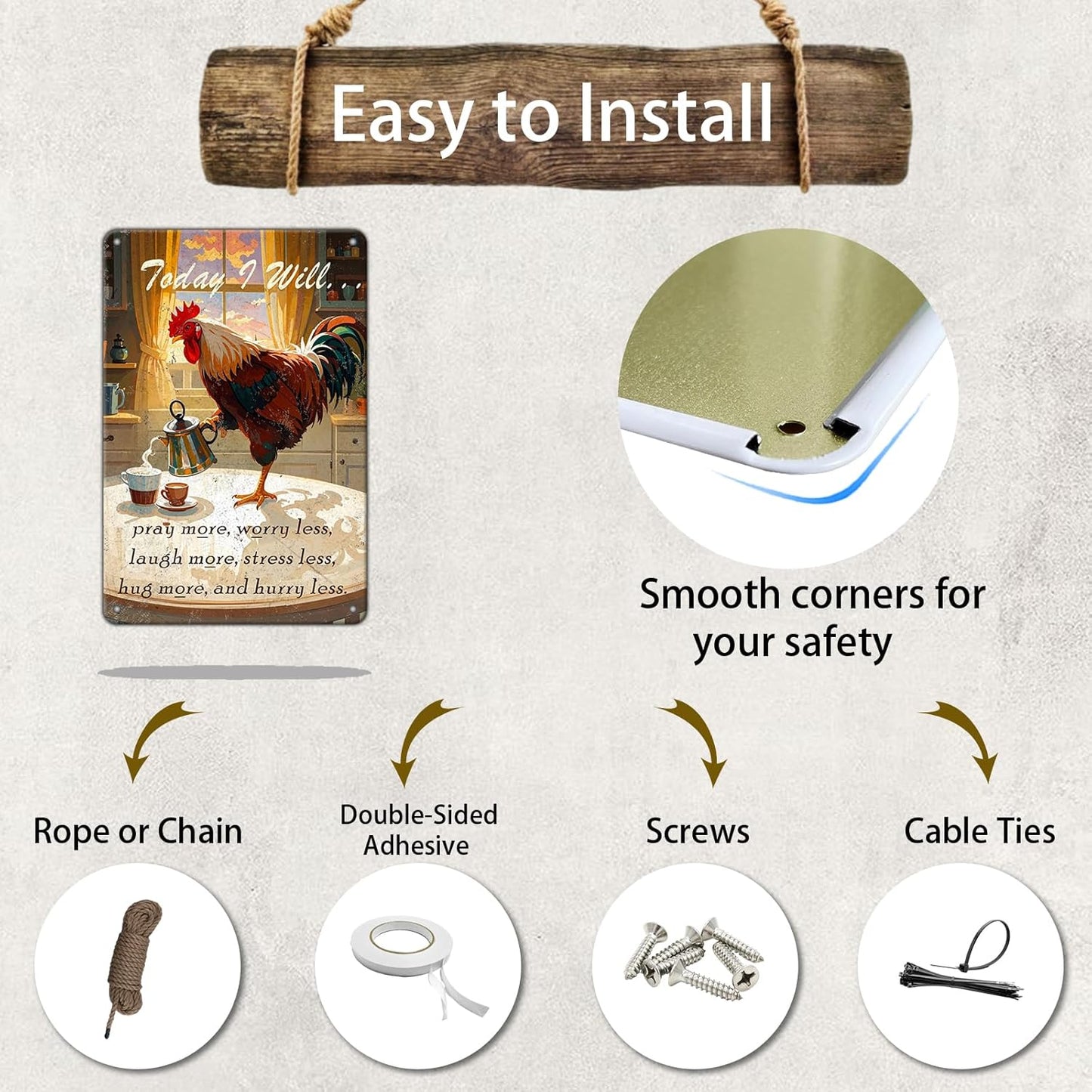 Chicken Sign Rooster Kitchen Decor Today I Will Pry More Worry Less Metal Sign Poster 12x8 Inch Home Kitchen Offce Cafe Coffee Are Farm Wall Decor