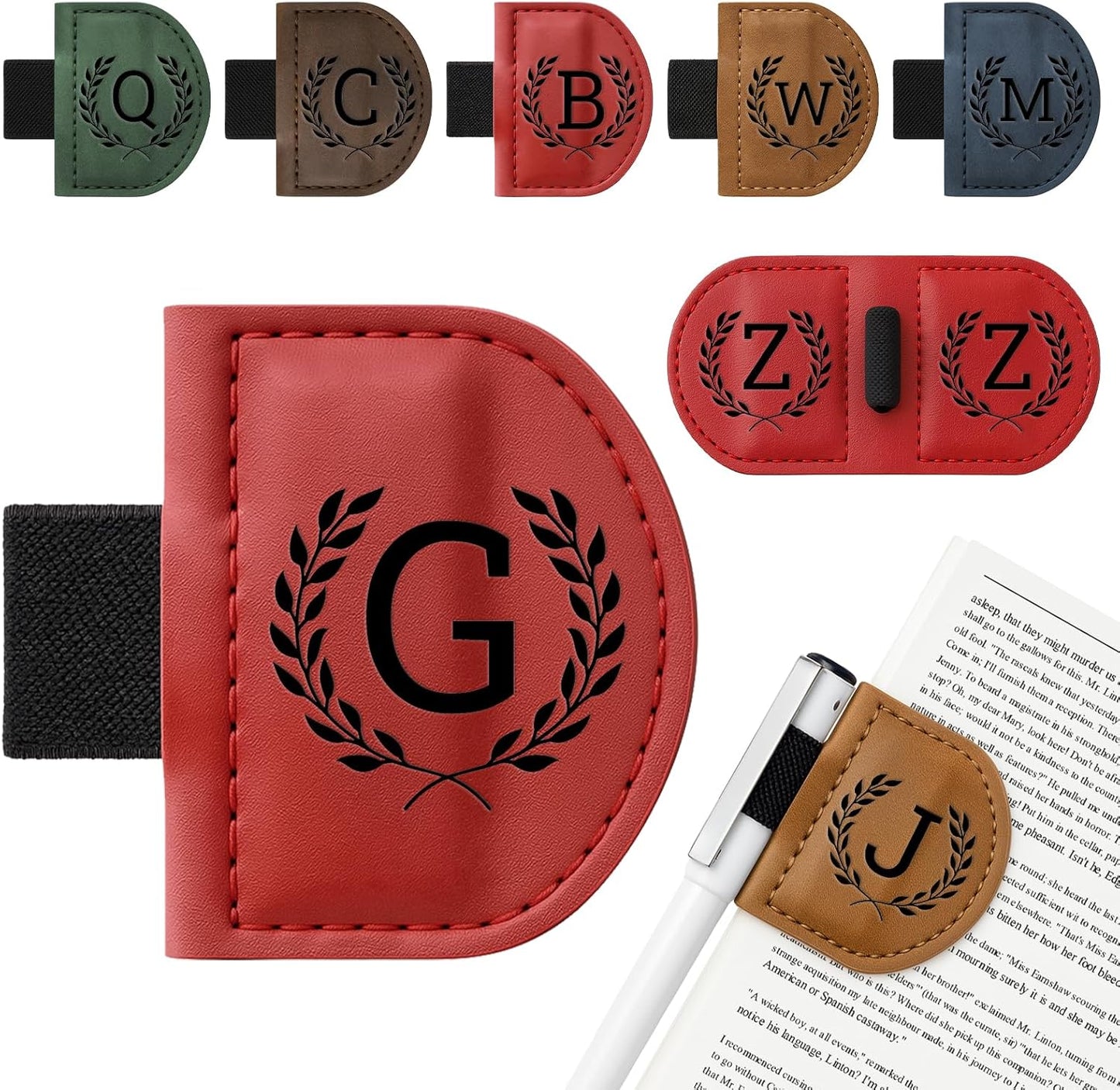 Personalized Bygone Mark Bookmark with Pen Holder,Engraving Leather Magnetic Bookmarks Vintage 26 Letters Name Initials Text Book Marker Clips Gifts for Reading Book Lovers Women (Red, G)