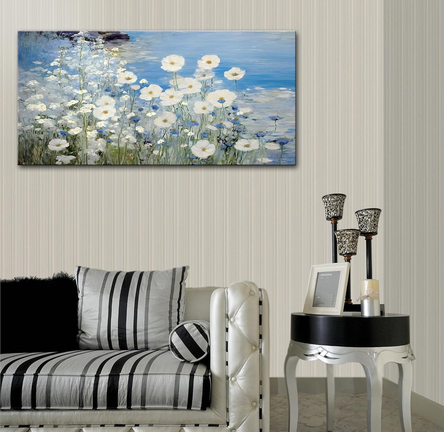 dgbtcart White Daisy Flower Wall Art Picture Decor, 3D Blue Texture Landscape Painting Modern Artwork Canvas Print for Living Room Bedroom Office Home Decoration - 20"x40"