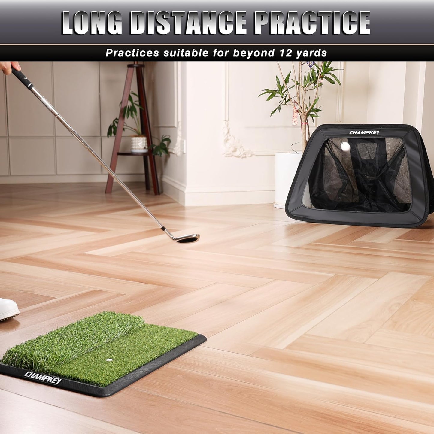 CHAMPKEY Double -Sided Golf Chipping Net with Mat and 12 Foam Balls - Professional Golf Practice Net Ideal for Indoor and Outdoor Training