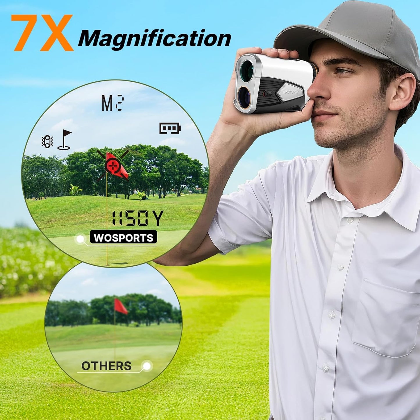 WOSPORTS Golf Rangefinder 1500-Yard with Slope,Golf Accessories Range Finder 7X Magnification,Pin Lock Vibration Range Finder(Feet/Meters/Yards), Magnetic Mount, Rechargeable
