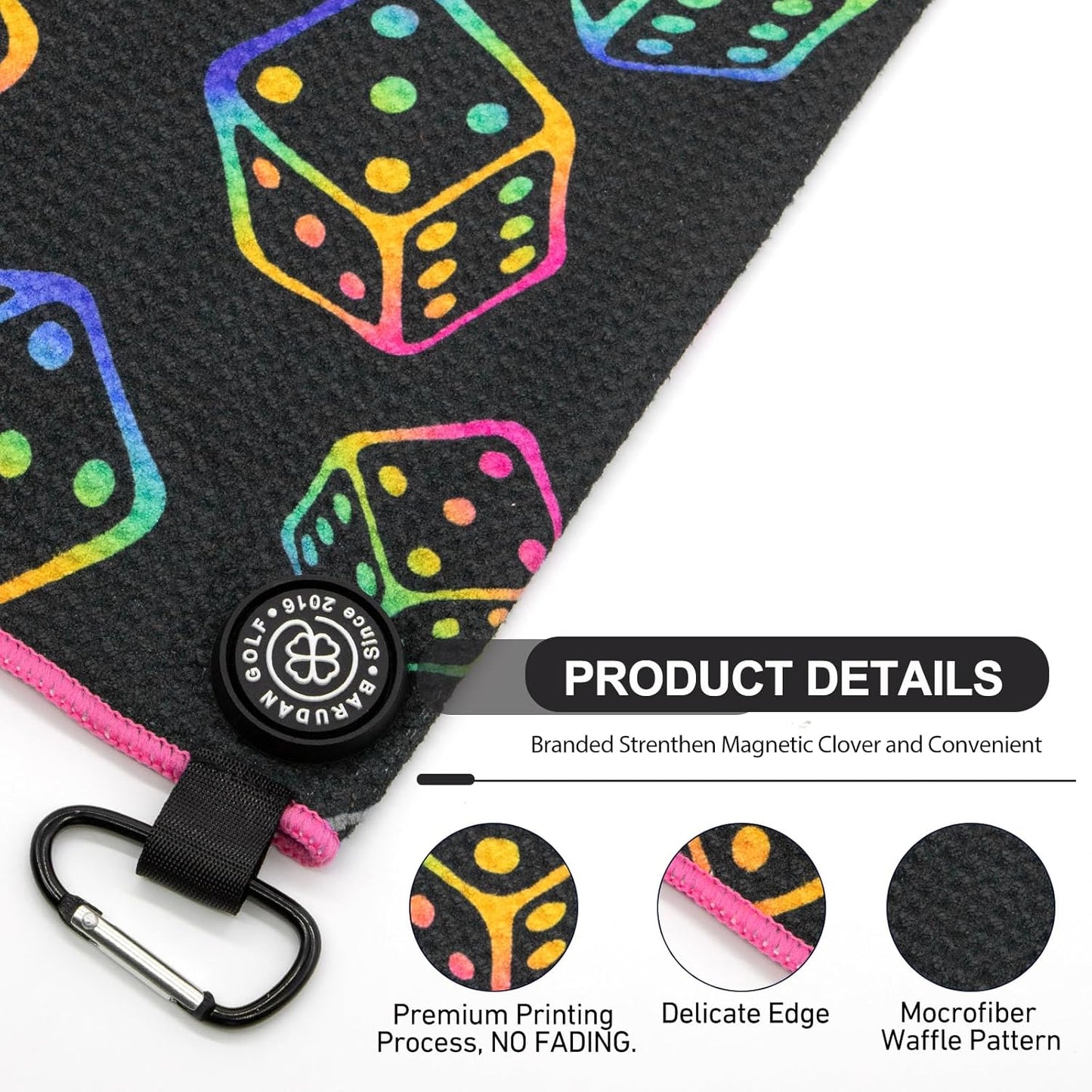 Magnetic Golf Towel for Men Women Golfer - Microfiber Golf Towel Magnet with Waffle Texture - Strengthen Magnet Golf Towels for Strong Hold to Metal Objects (Black Rainbow Color)