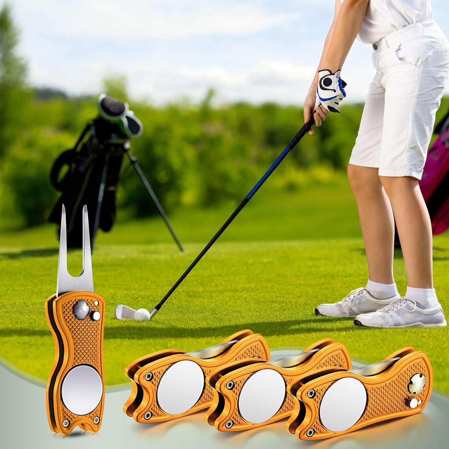 Skylety 4 Pcs Golf Divot Repair Tool Metal Foldable Golf Divot Tool with Magnetic Pop-up Button Ball Marker Stainless Steel Switchblade for Golfers Prizes