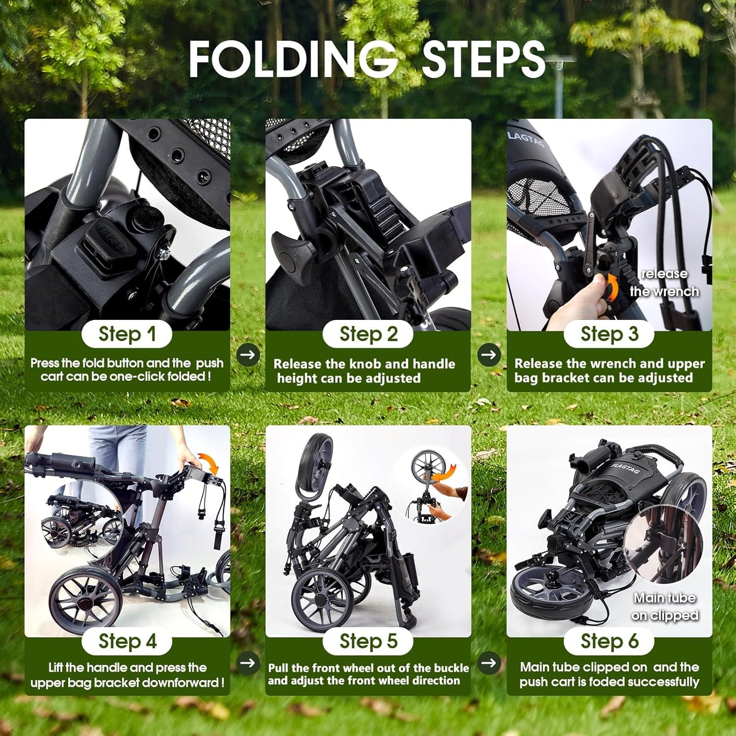 Golf Push Cart 3 Wheel,Foldable Golf Push Cart,Golf Bag Cart with Foot Brake,Umbrella Holder, Cup Holder, Storage Compartment